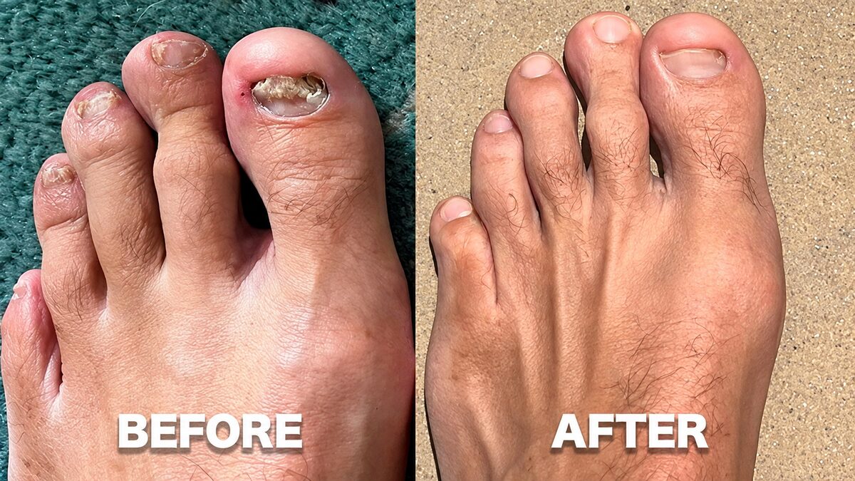 Big toenail crumbling and yellow-brown before FungaBeam, smooth and clear after daily use