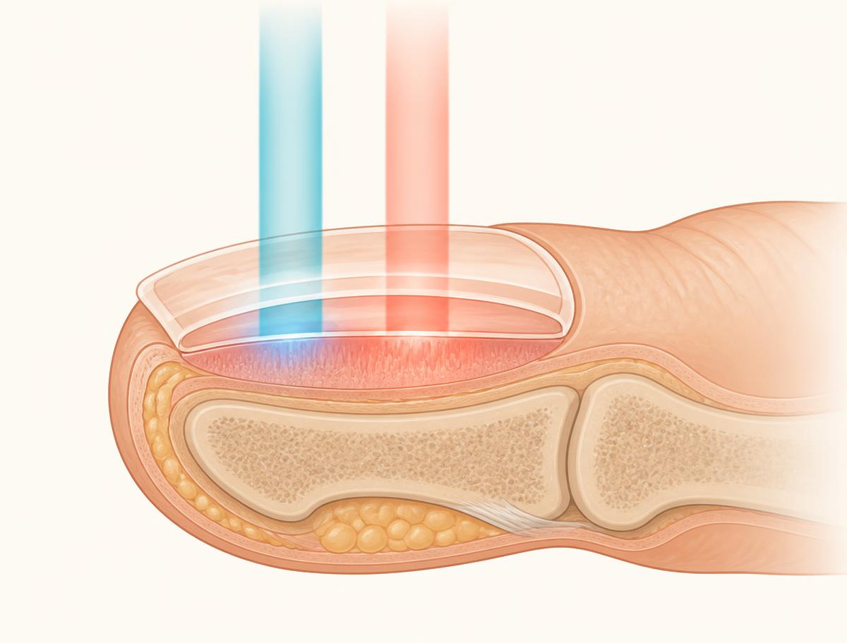 Cross-section of a toenail showing blue and red light passing through the nail plate into the nail bed underneath